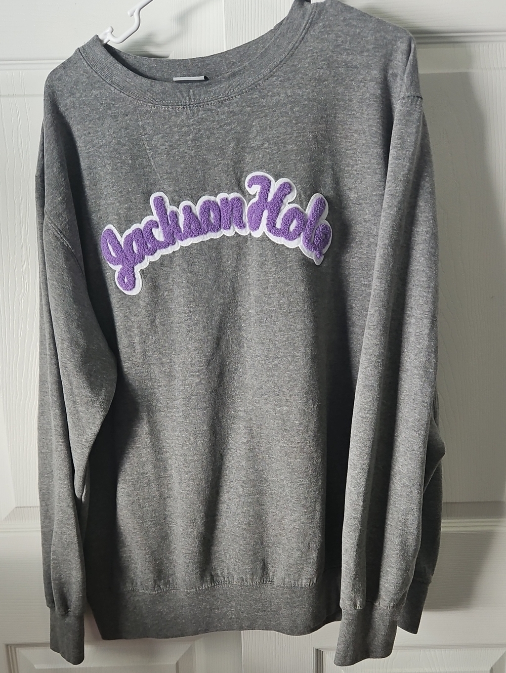 MV Sport Gray Crewneck Sweater with Purple Applique
